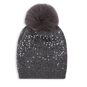 NWT Women Fox Fur-Trim & Sequin Knit Gray Pom-Pom Beanie